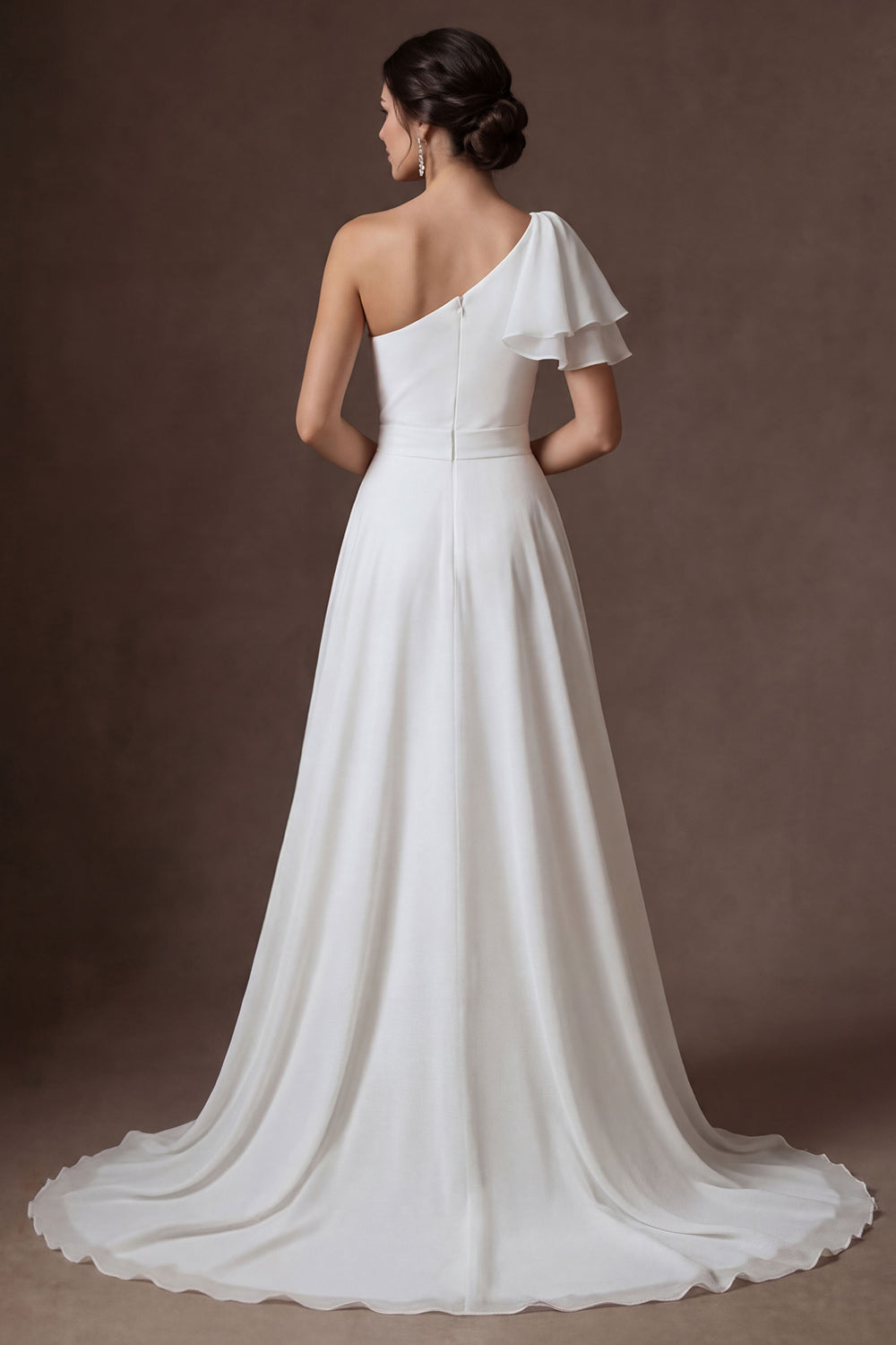 High Low White One Shoulder Ruched Satin Wedding Dress