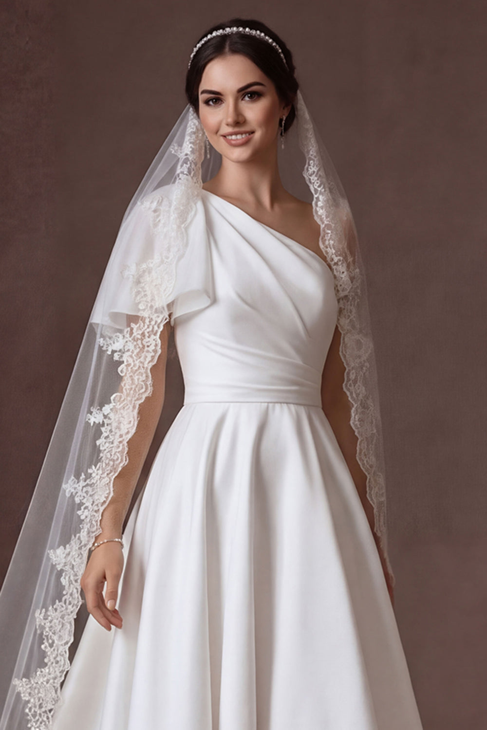 High Low White One Shoulder Ruched Satin Wedding Dress