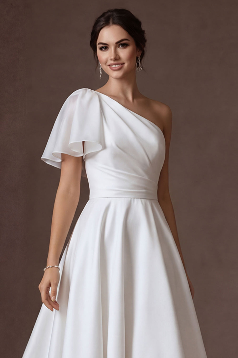 High Low White One Shoulder Ruched Satin Wedding Dress