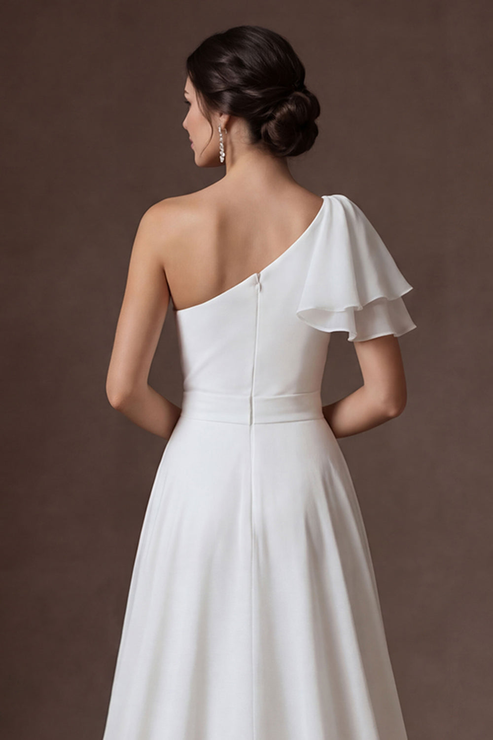 High Low White One Shoulder Ruched Satin Wedding Dress