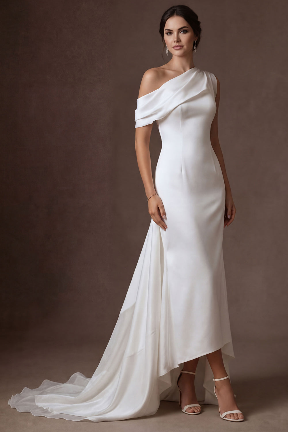Leely Women Satin White Sheath Ruffled Long Wedding Dress with Cape One Shoulder Ruched Backless Bridal Dress