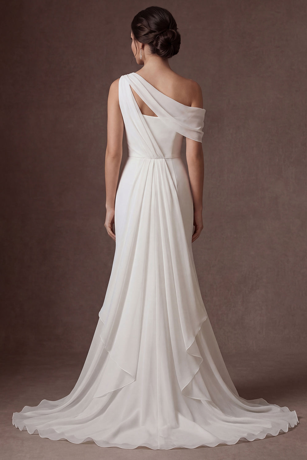 Satin White Sheath Ruffled One Shoulder Ruched Long Wedding Dress with Cape
