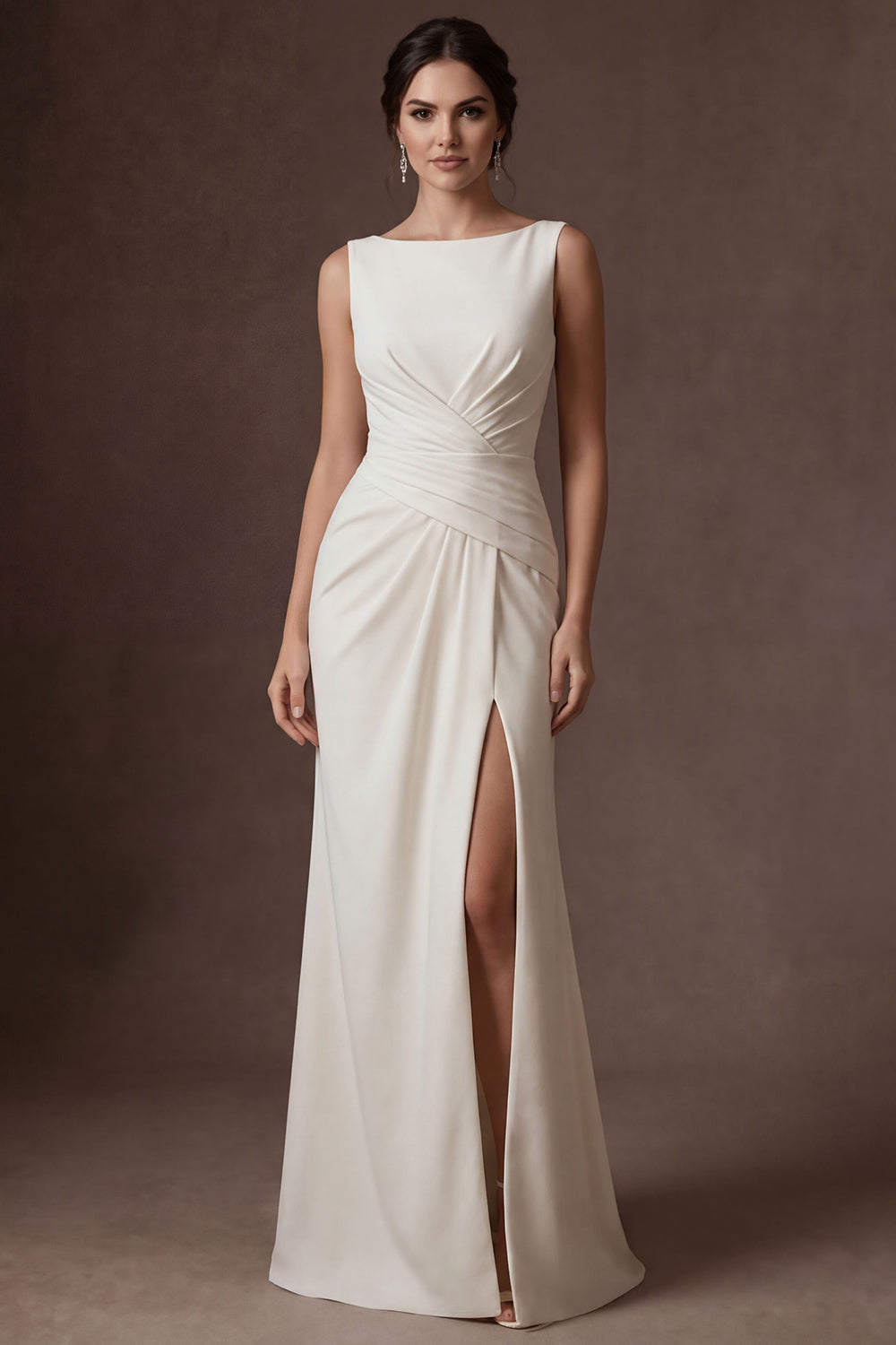 White A Line Round Neck Ruched Satin Long Wedding Dress with Slit