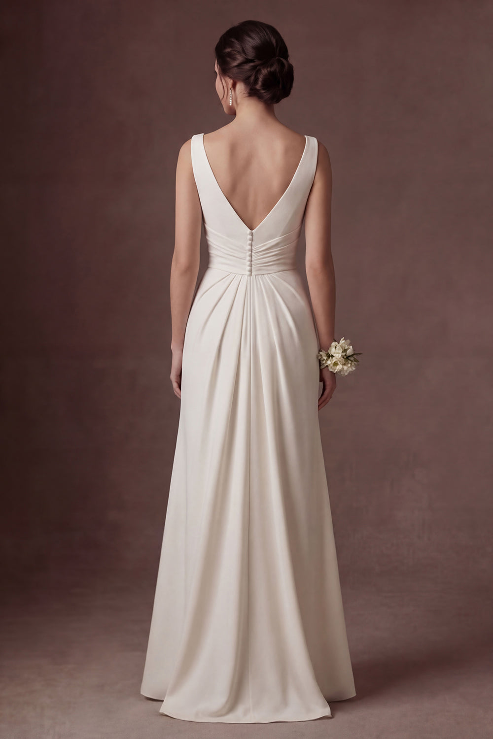 White A Line Round Neck Ruched Satin Long Wedding Dress with Slit
