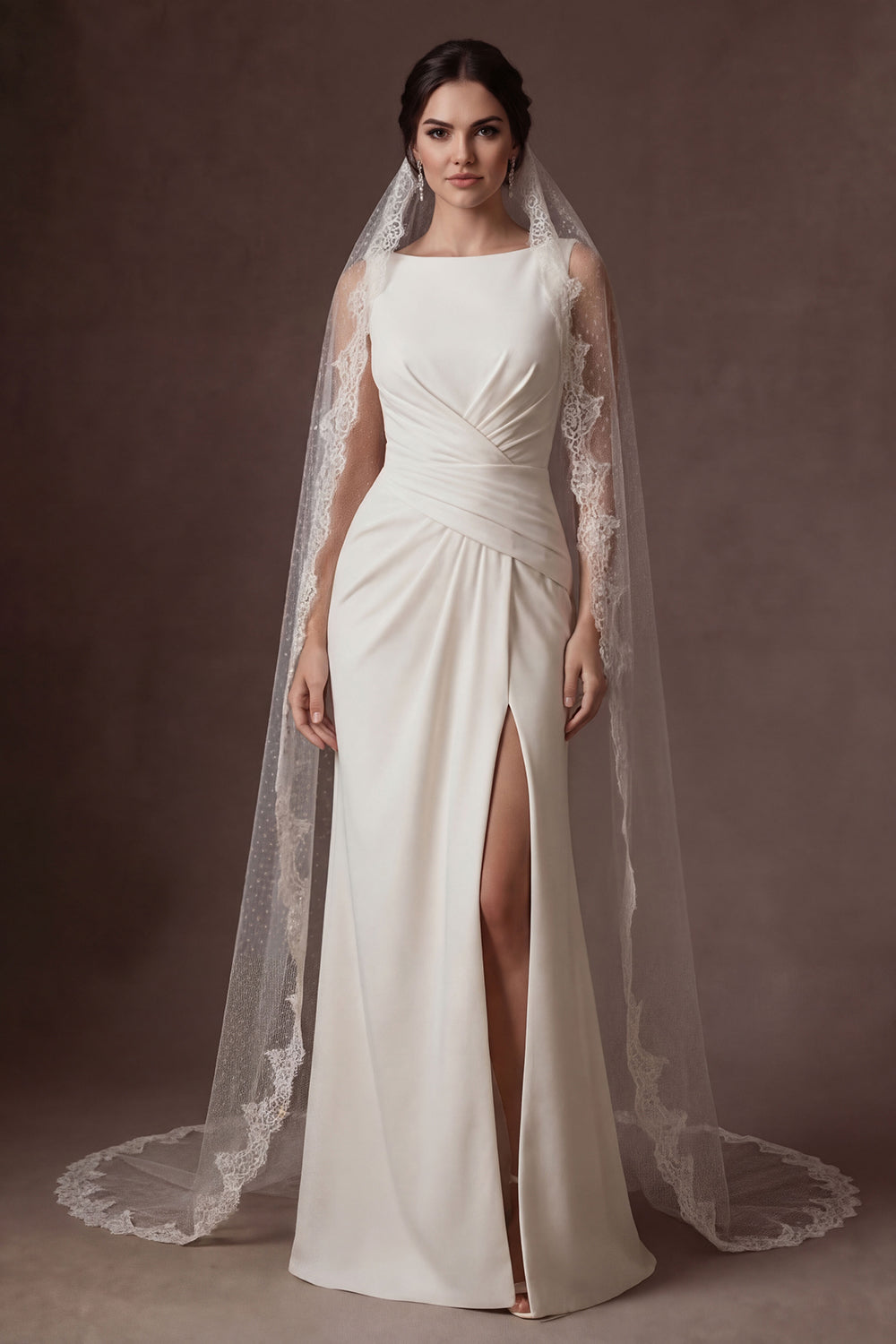 White A Line Round Neck Ruched Satin Long Wedding Dress with Slit
