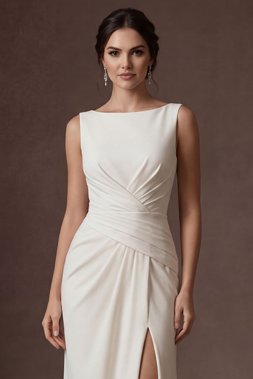 White A Line Round Neck Ruched Satin Long Wedding Dress with Slit