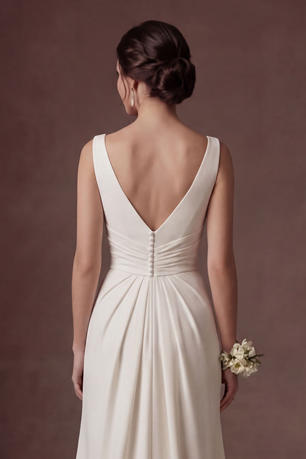 White A Line Round Neck Ruched Satin Long Wedding Dress with Slit