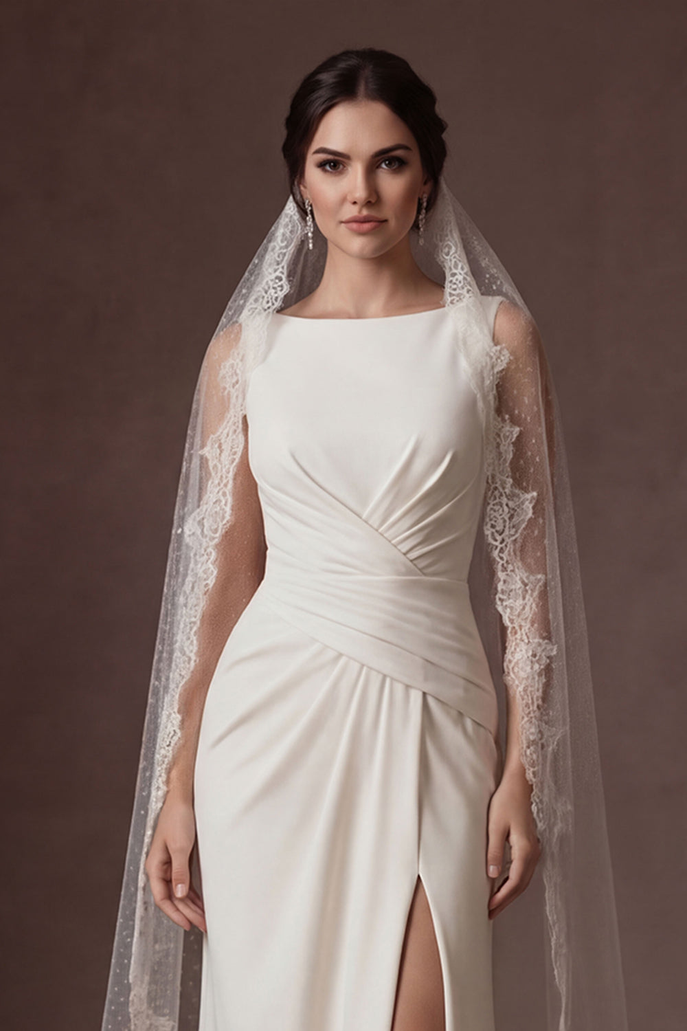 White A Line Round Neck Ruched Satin Long Wedding Dress with Slit