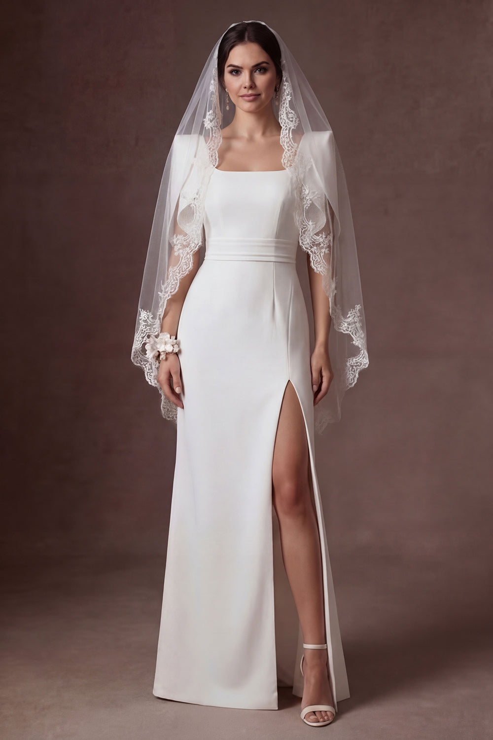 White Satin Sheath Square Neck Short Sleeves Long Bridal Dress with Slit