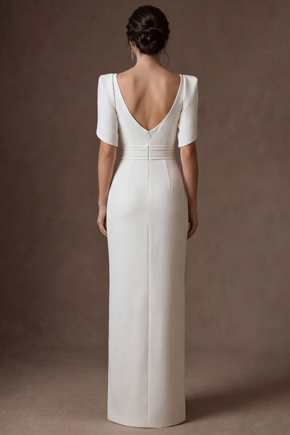 White Satin Sheath Square Neck Short Sleeves Long Bridal Dress with Slit