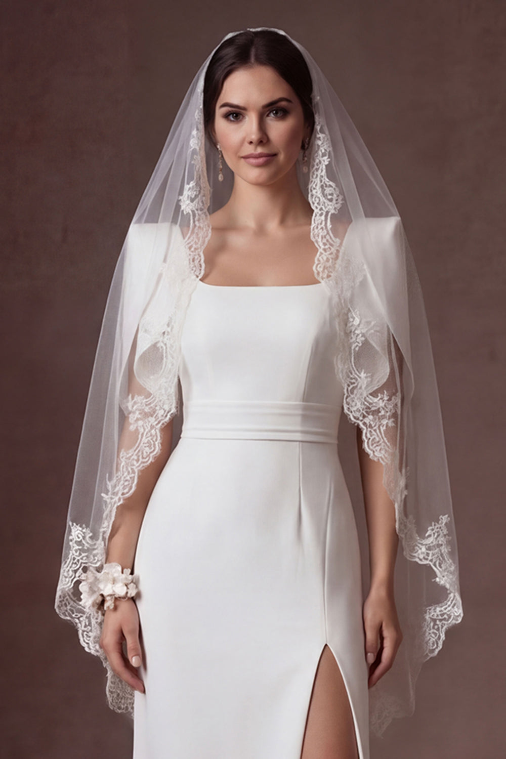 White Satin Sheath Square Neck Short Sleeves Long Bridal Dress with Slit