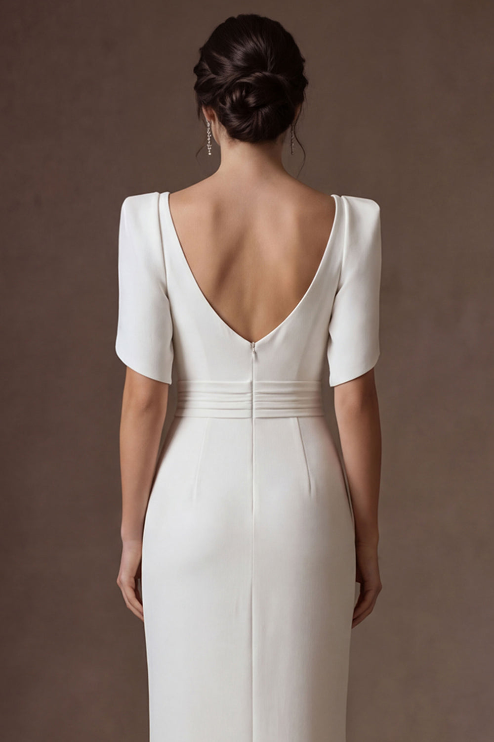 White Satin Sheath Square Neck Short Sleeves Long Bridal Dress with Slit