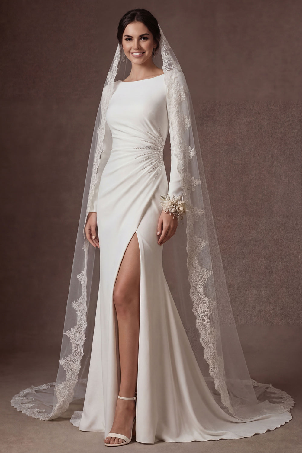 Beaded White Mermaid Ruched Round Neck Long Wedding Dress with Slit