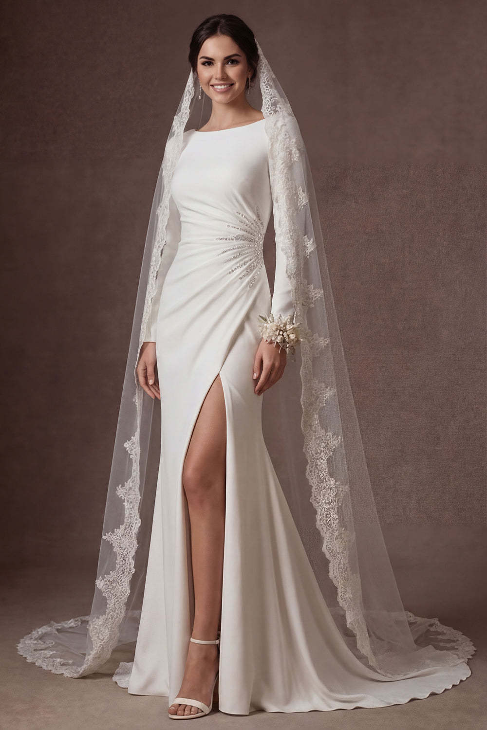 Leely Women Beaded White Mermaid Long Wedding Dress with Slit Ruched Round Neck Long Sleeves Bridal Dress