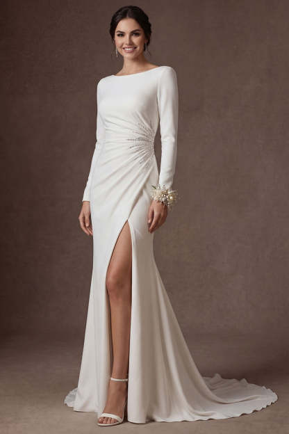 Beaded White Mermaid Ruched Round Neck Long Wedding Dress with Slit
