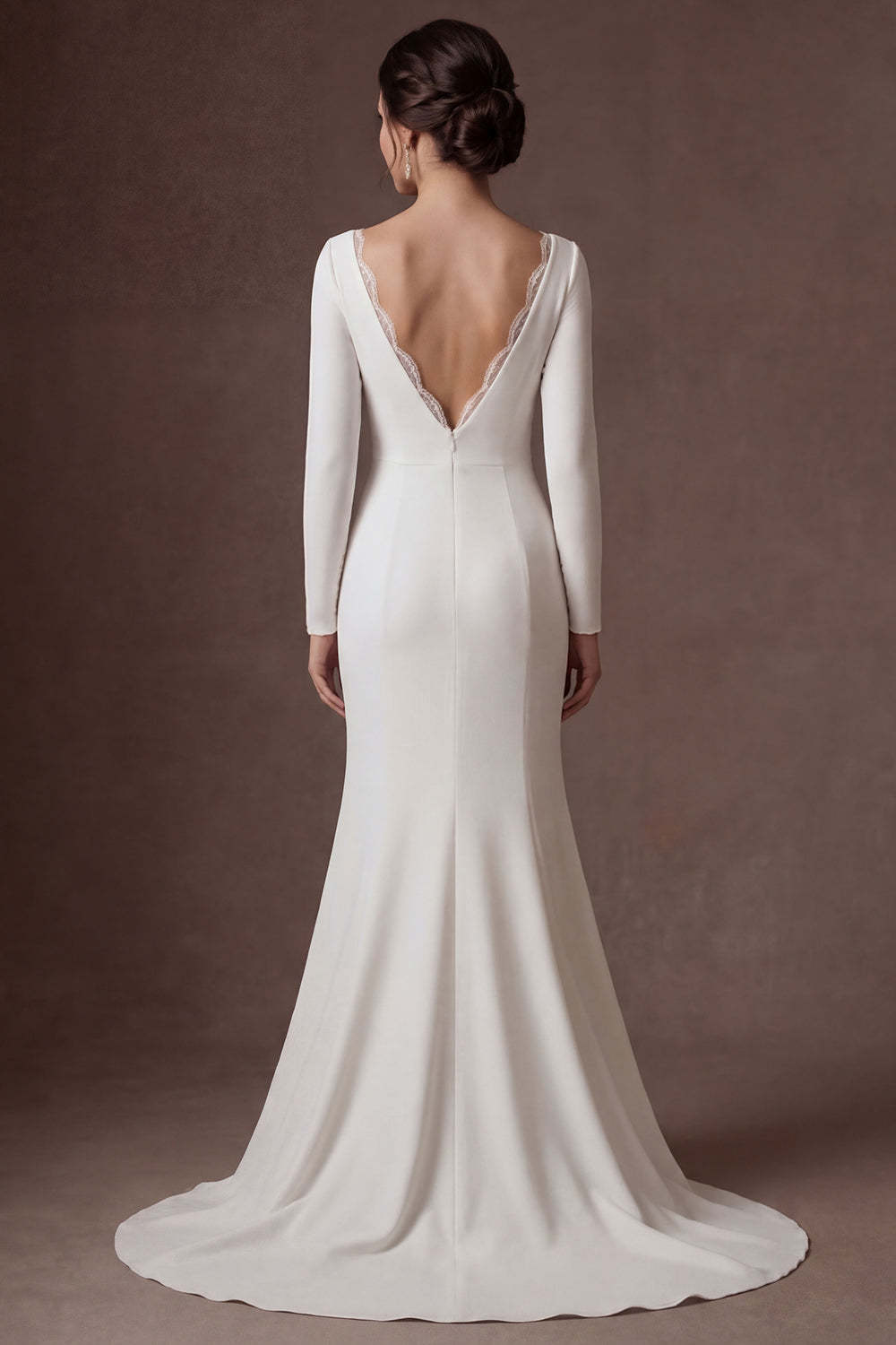 Beaded White Mermaid Ruched Round Neck Long Wedding Dress with Slit
