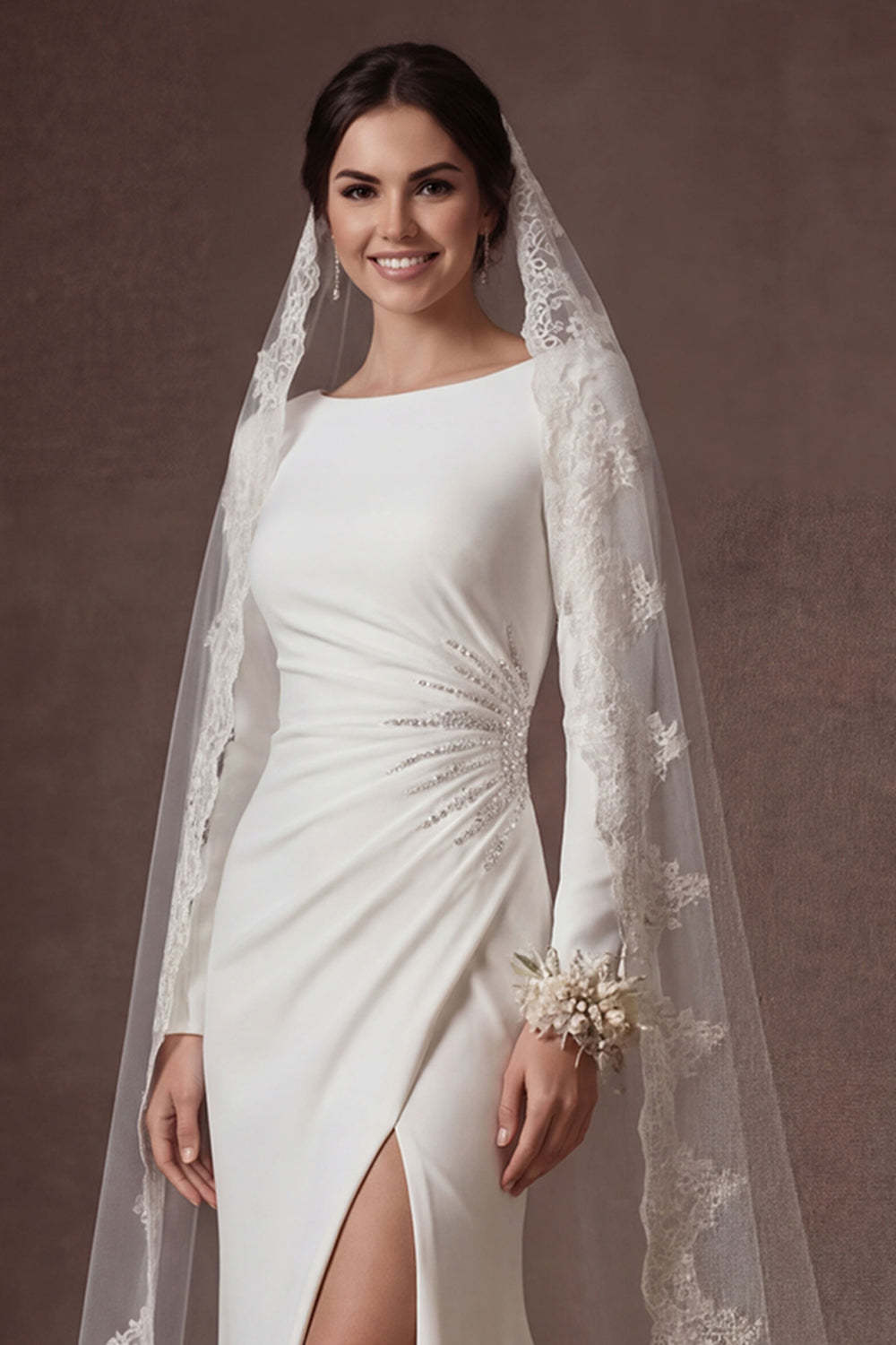 Beaded White Mermaid Ruched Round Neck Long Wedding Dress with Slit