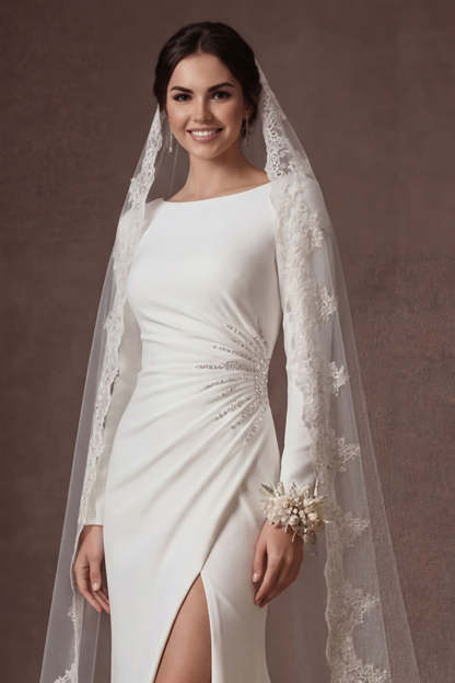 Beaded White Mermaid Ruched Round Neck Long Wedding Dress with Slit