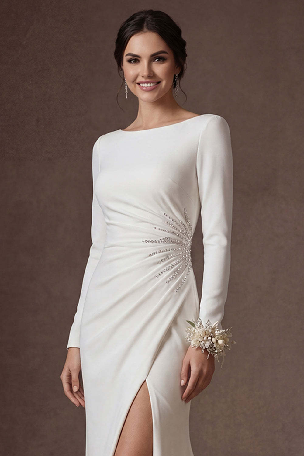 Beaded White Mermaid Ruched Round Neck Long Wedding Dress with Slit