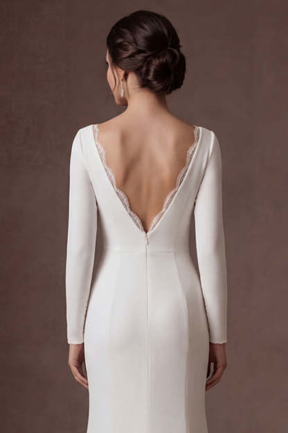 Beaded White Mermaid Ruched Round Neck Long Wedding Dress with Slit