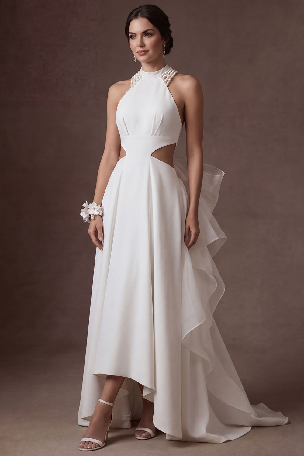 Ruffled White Halter Neck A Line Backless Long Wedding Dress