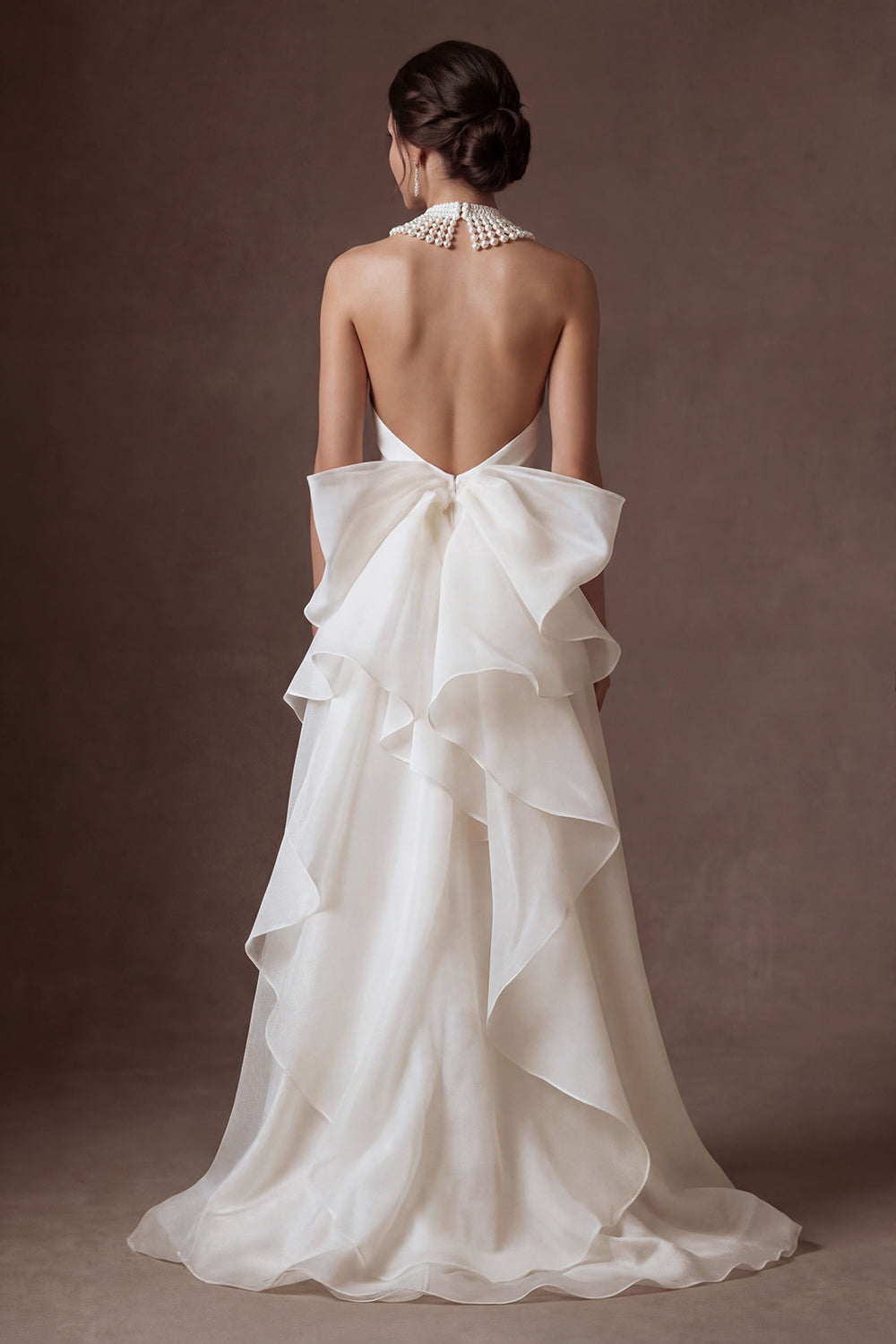 Ruffled White Halter Neck A Line Backless Long Wedding Dress