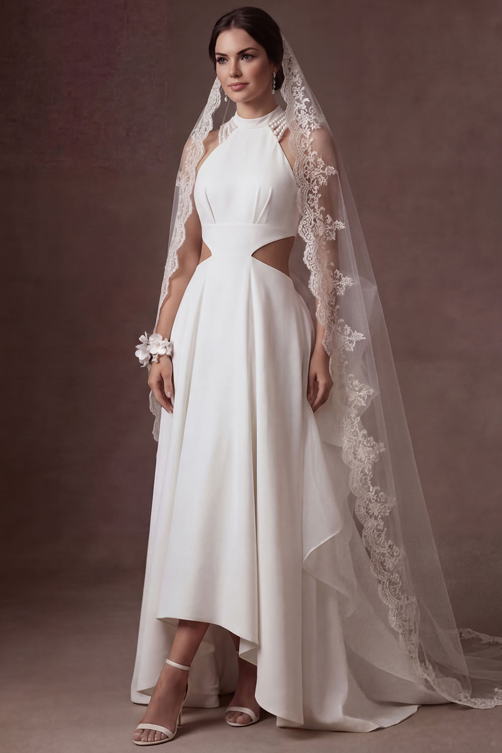 Leely Women Ruffled White Halter Neck A Line Backless Long Wedding Dress Cut Out Backless Sleeveless Bridal Dress
