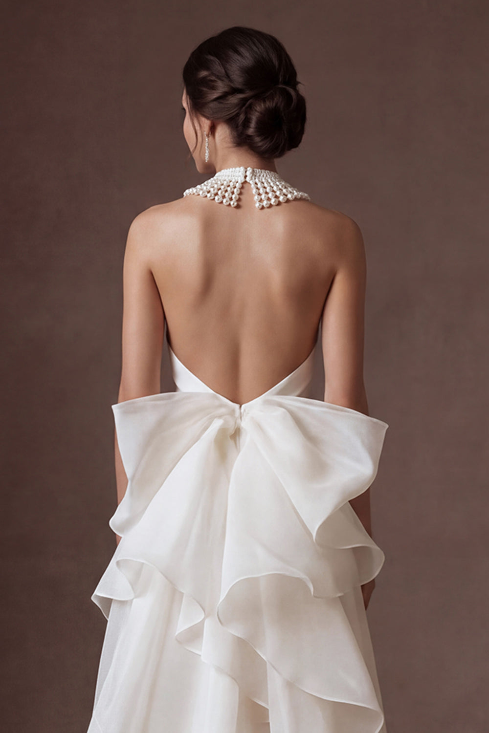 Ruffled White Halter Neck A Line Backless Long Wedding Dress