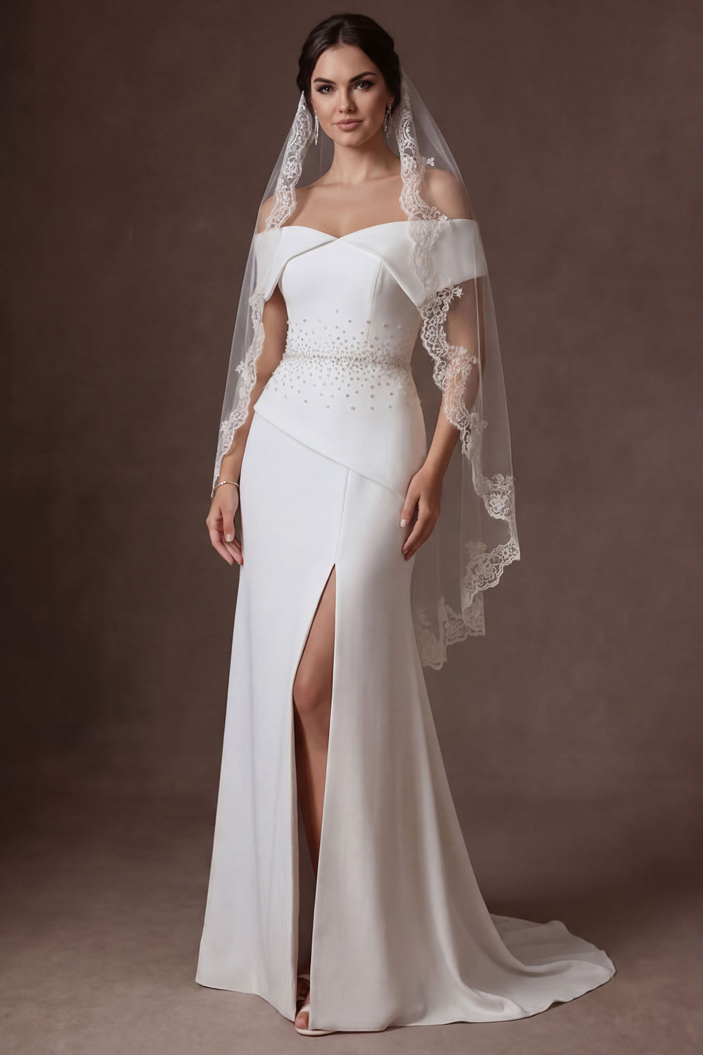 Off the Shoulder Satin White Beaded A Line Long Wedding Dress with Slit