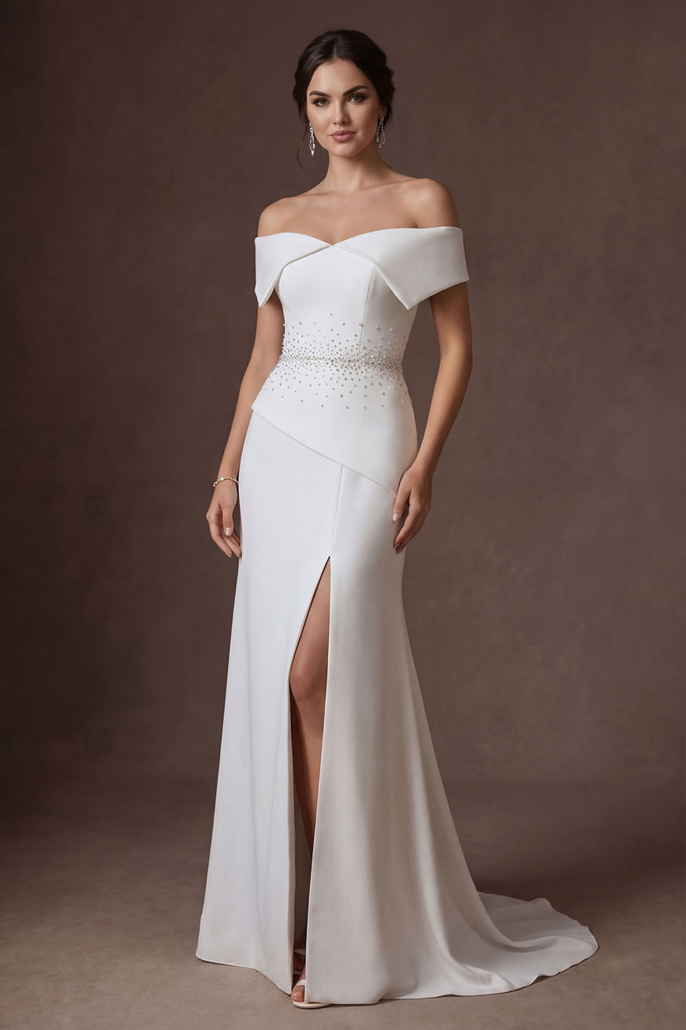 Off the Shoulder Satin White Beaded A Line Long Wedding Dress with Slit