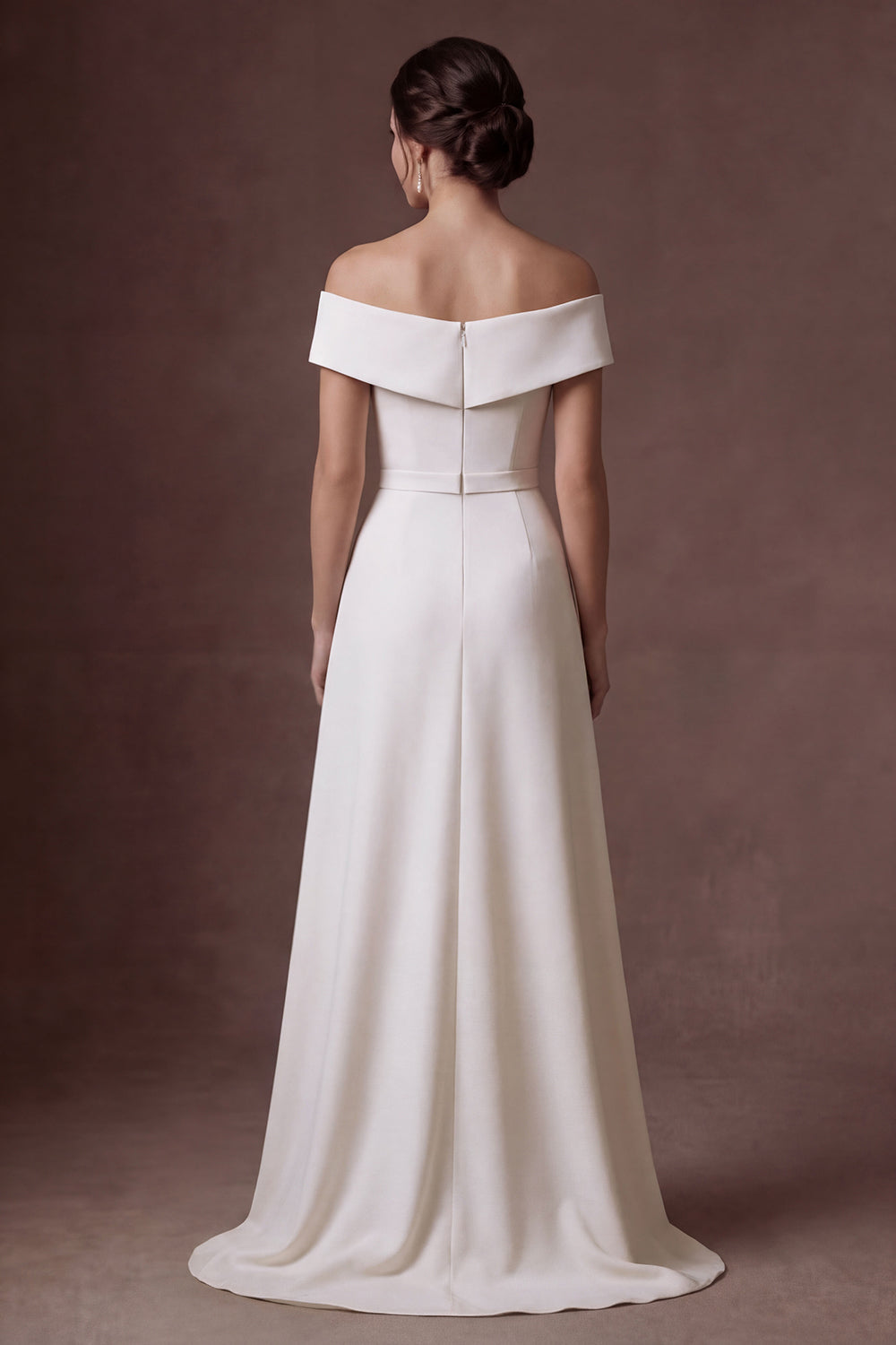 Off the Shoulder Satin White Beaded A Line Long Wedding Dress with Slit