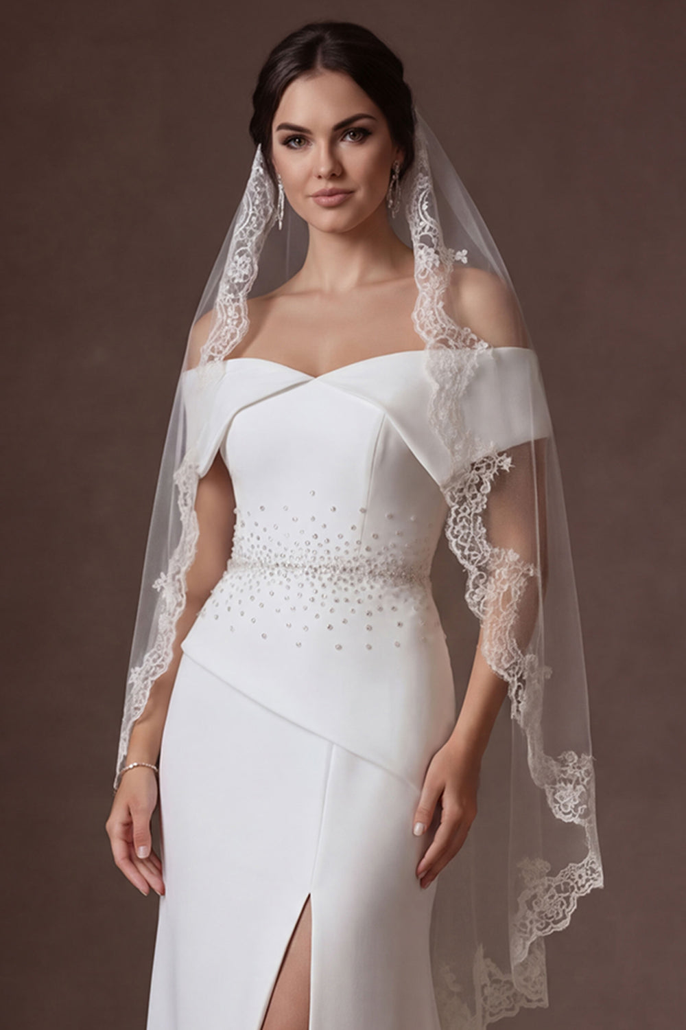 Off the Shoulder Satin White Beaded A Line Long Wedding Dress with Slit