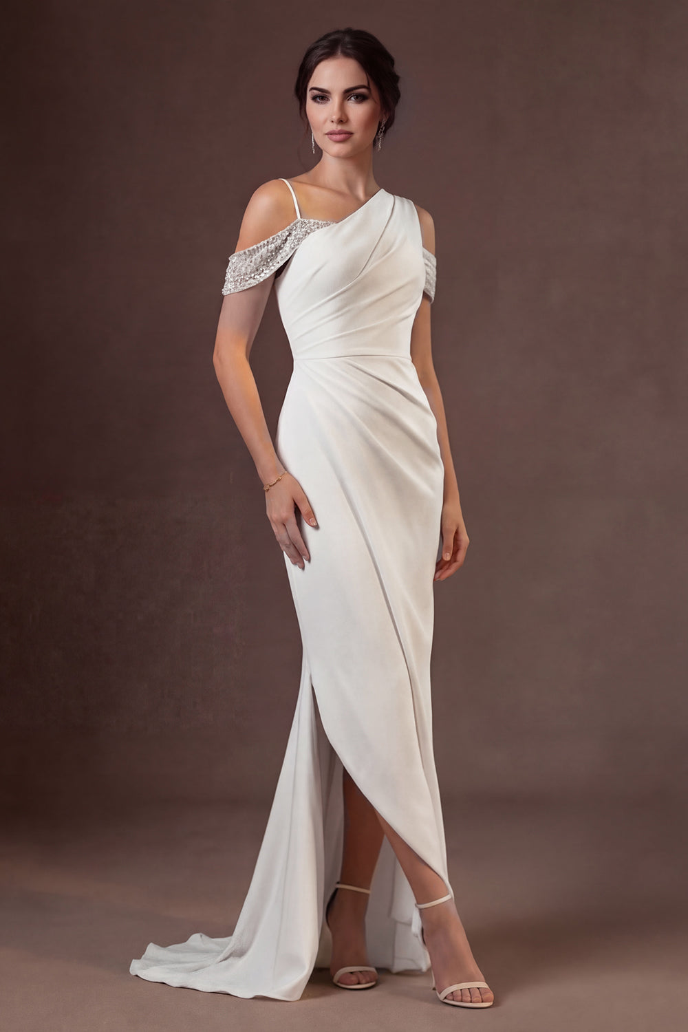 Cold Shoulder Mermaid Sleeveless Ruched Long Wedding Dress