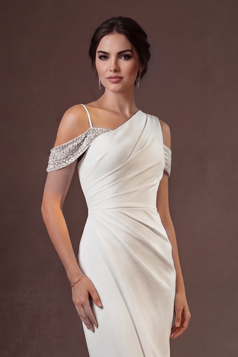 Cold Shoulder Mermaid Sleeveless Ruched Long Wedding Dress