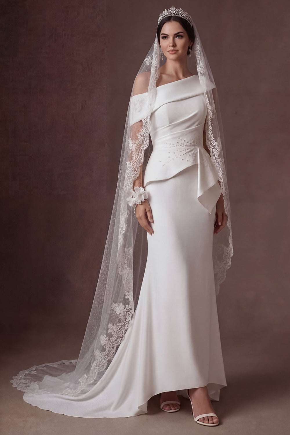 Mermaid White One Shoulder Satin Sleeveless Long Bridal Dress with Cape