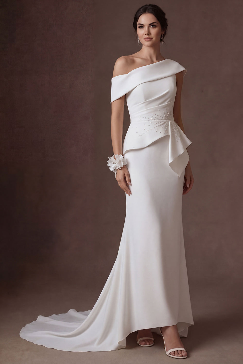 Mermaid White One Shoulder Satin Sleeveless Long Bridal Dress with Cape