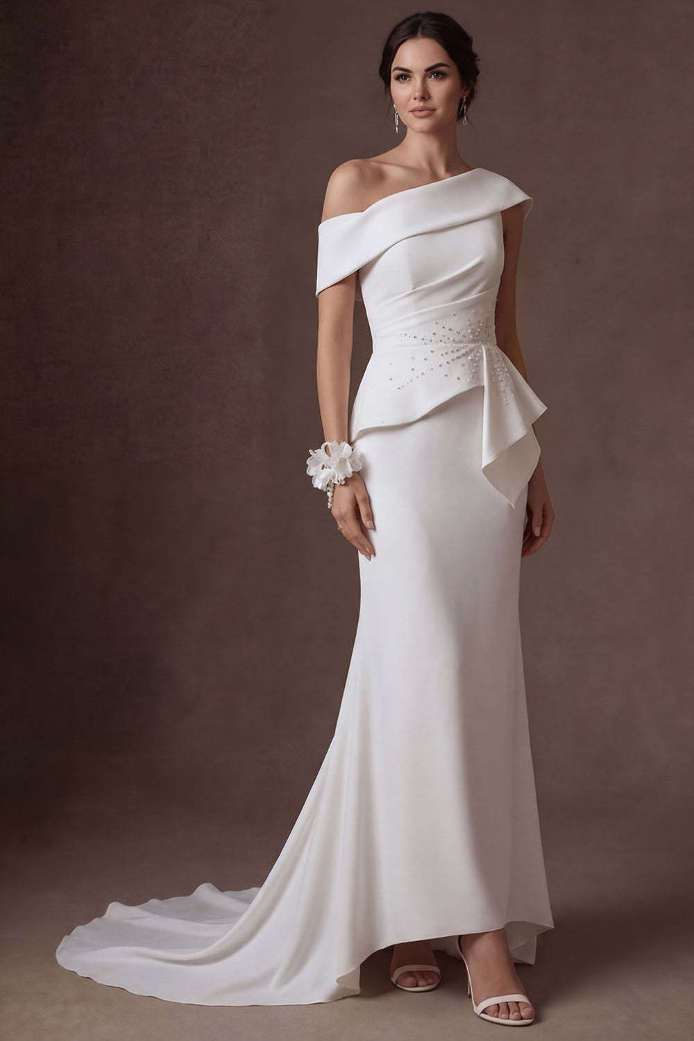 Mermaid White One Shoulder Satin Sleeveless Long Bridal Dress with Cape