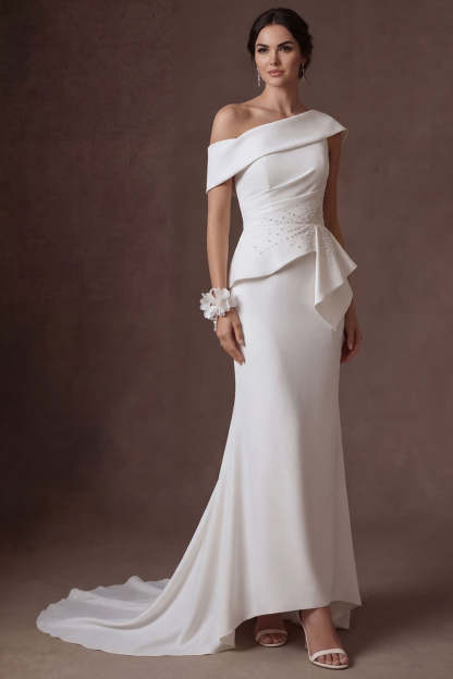 Mermaid White One Shoulder Satin Sleeveless Long Bridal Dress with Cape