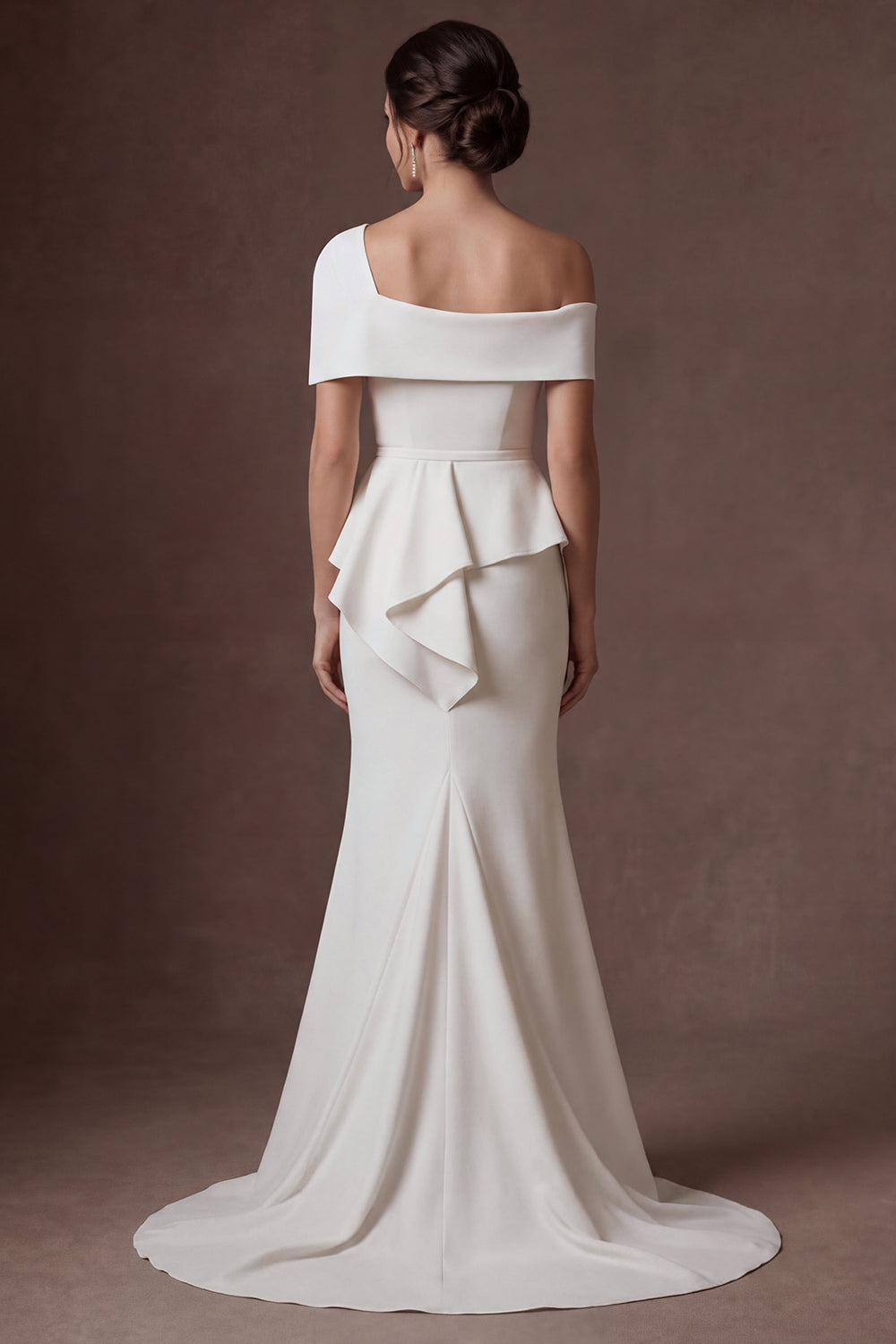 Mermaid White One Shoulder Satin Sleeveless Long Bridal Dress with Cape