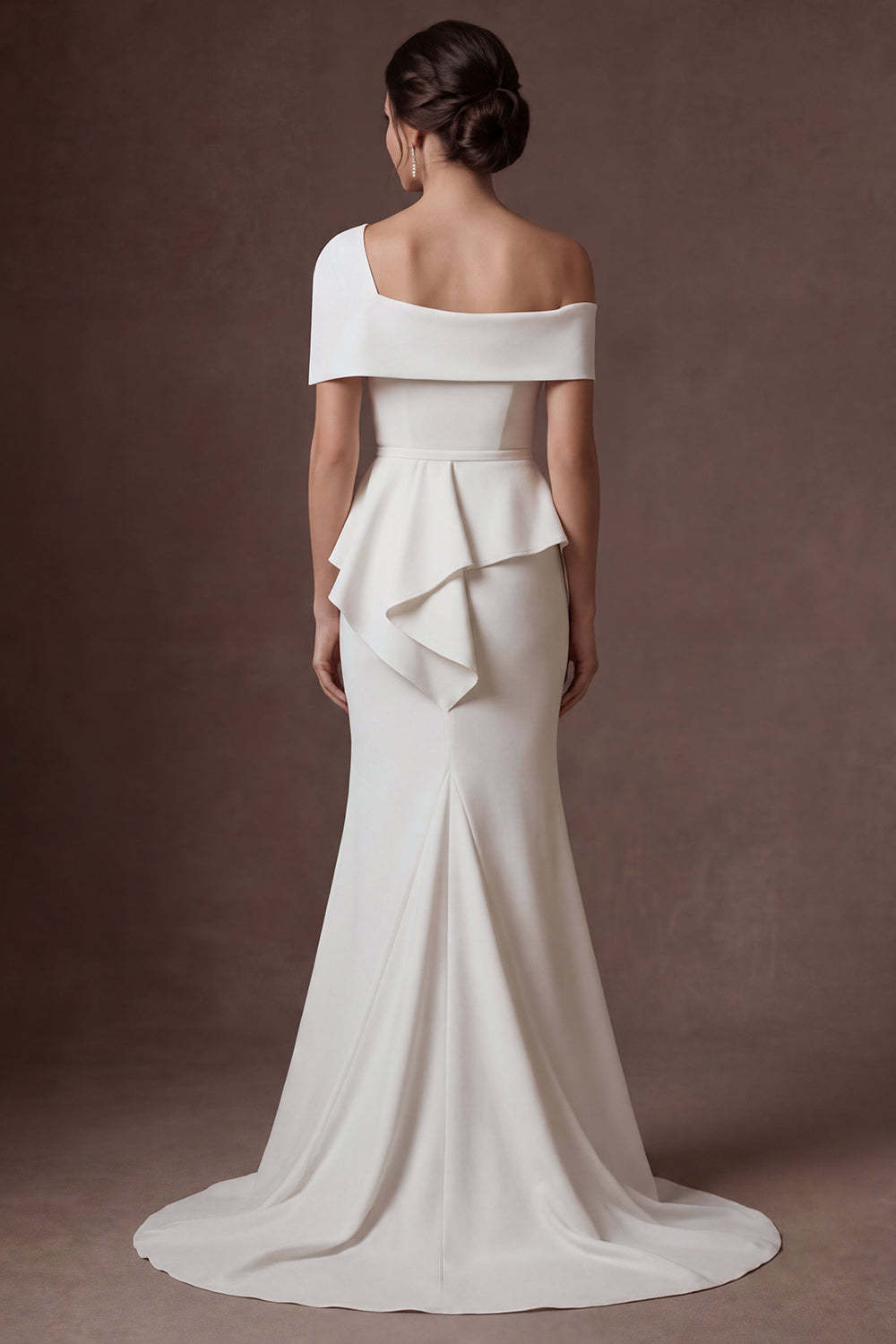 Mermaid White One Shoulder Satin Sleeveless Long Bridal Dress with Cape