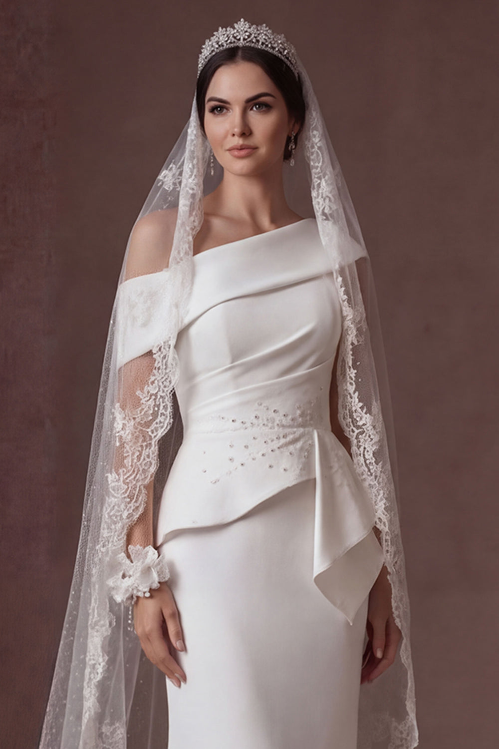 Mermaid White One Shoulder Satin Sleeveless Long Bridal Dress with Cape