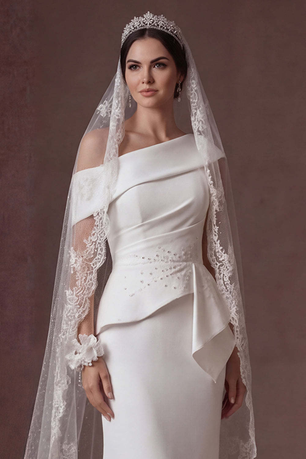 Mermaid White One Shoulder Satin Sleeveless Long Bridal Dress with Cape