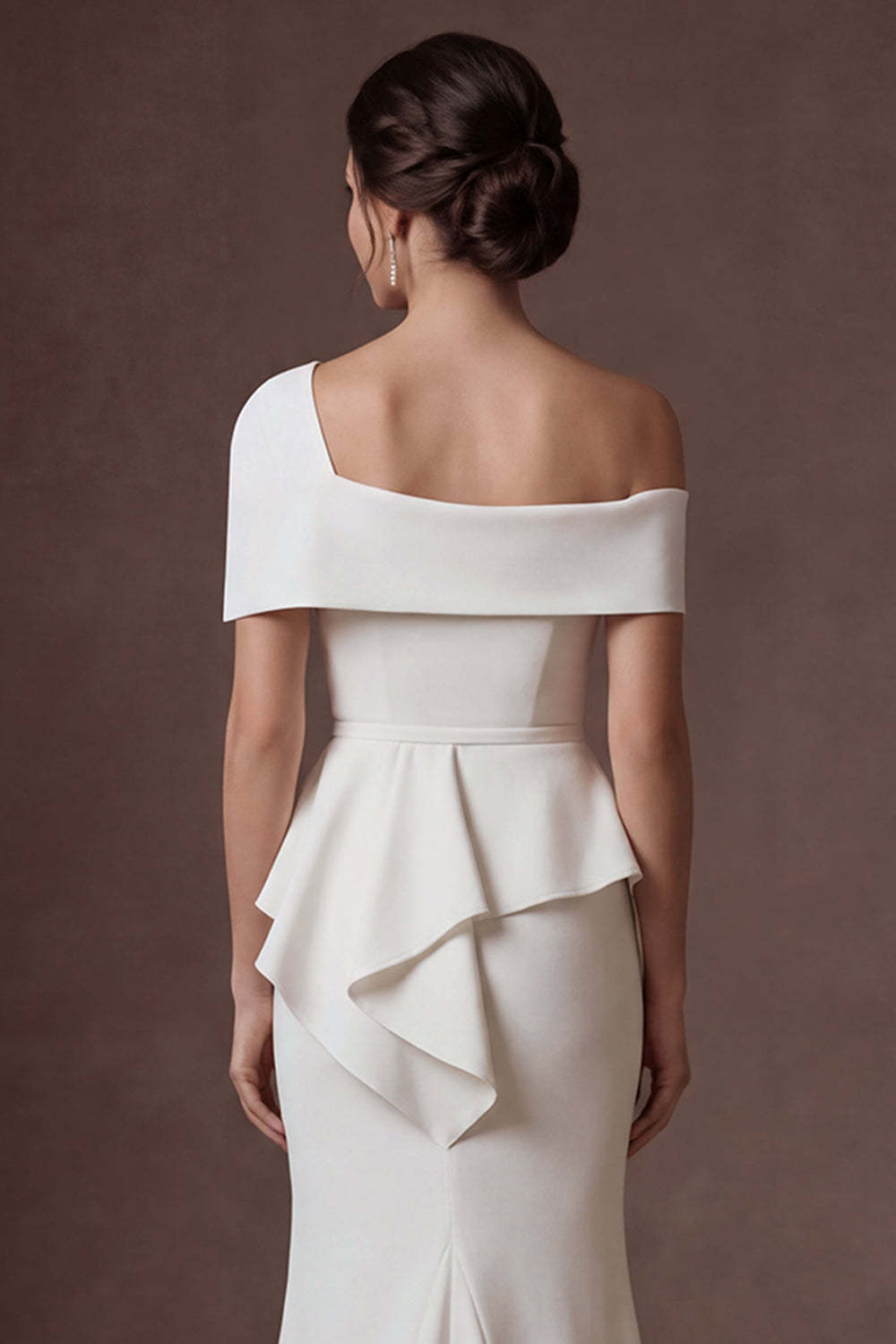 Mermaid White One Shoulder Satin Sleeveless Long Bridal Dress with Cape