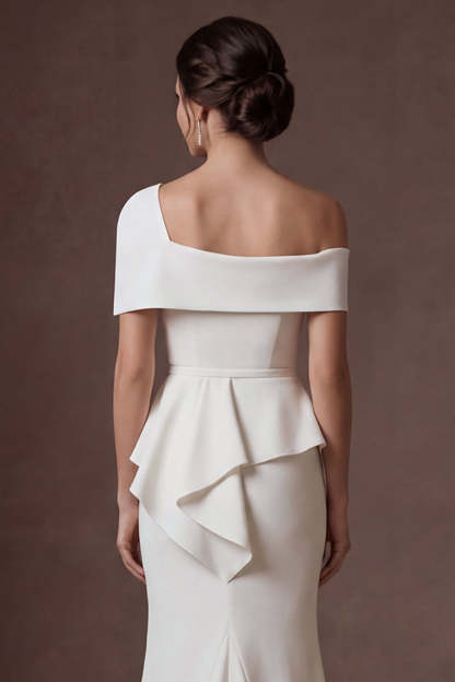 Mermaid White One Shoulder Satin Sleeveless Long Bridal Dress with Cape