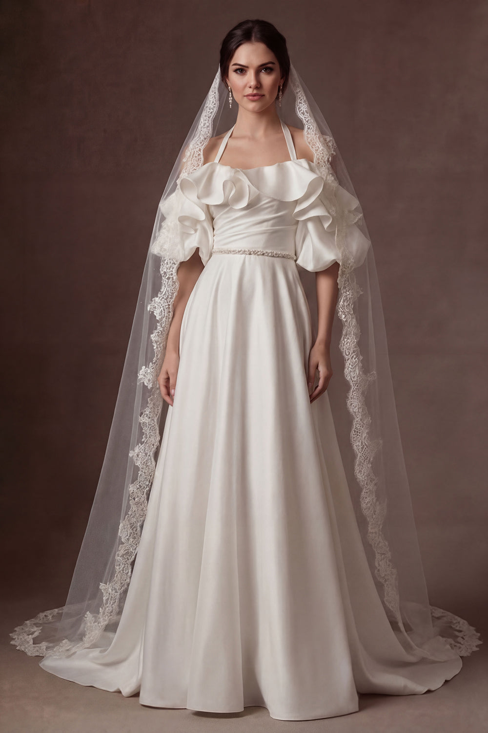 Leely Women Halter Neck Ruffled A Line White Long Wedding Dress Satin Backless Sleeveless Bridal Dress