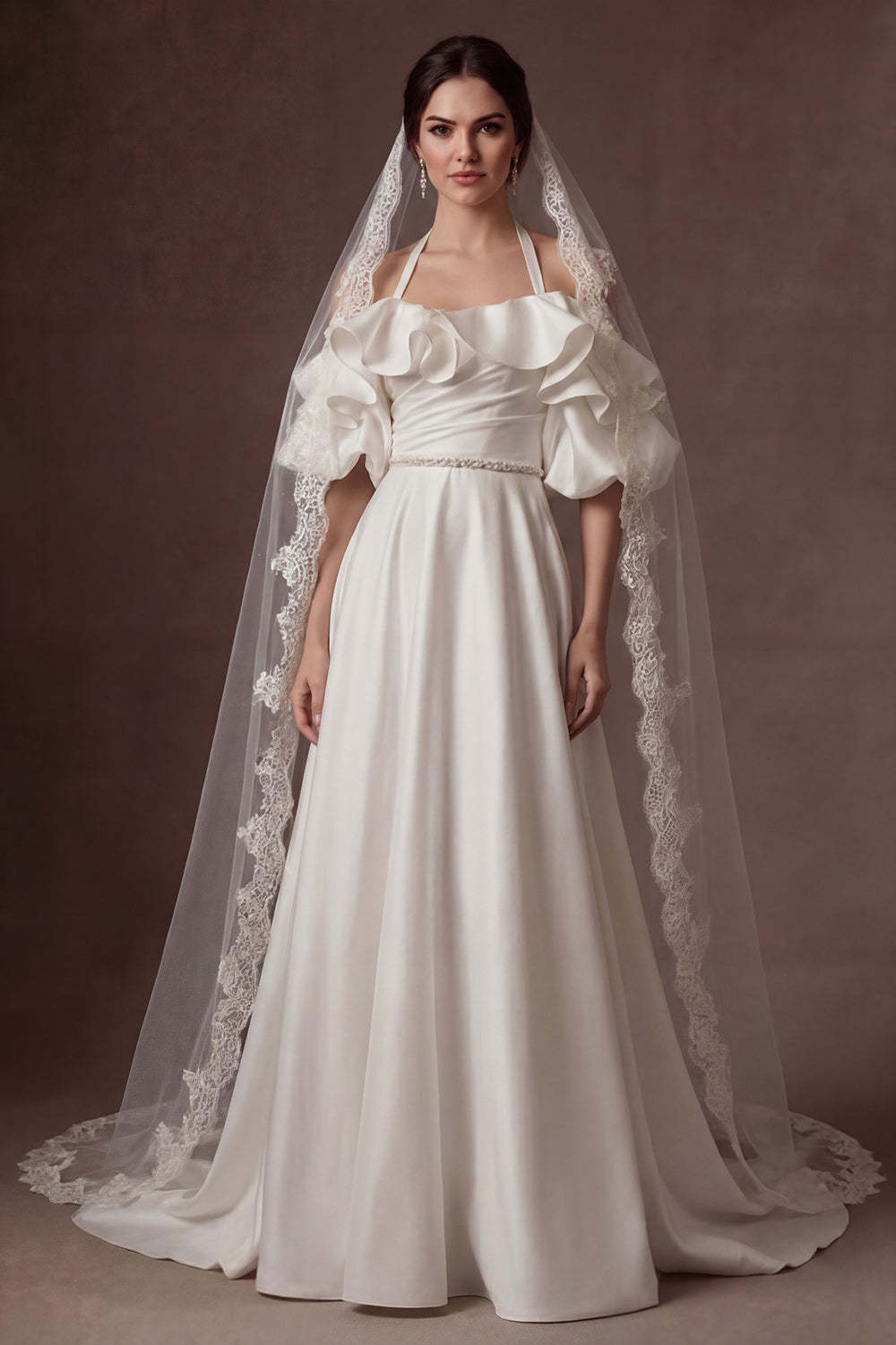 Leely Women Halter Neck Ruffled A Line White Long Wedding Dress Satin Backless Sleeveless Bridal Dress