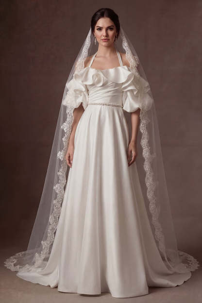 Leely Women Halter Neck Ruffled A Line White Long Wedding Dress Satin Backless Sleeveless Bridal Dress