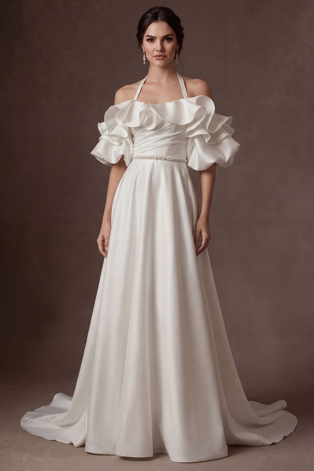 Halter Neck Ruffled A Line White Satin Long Wedding Dress