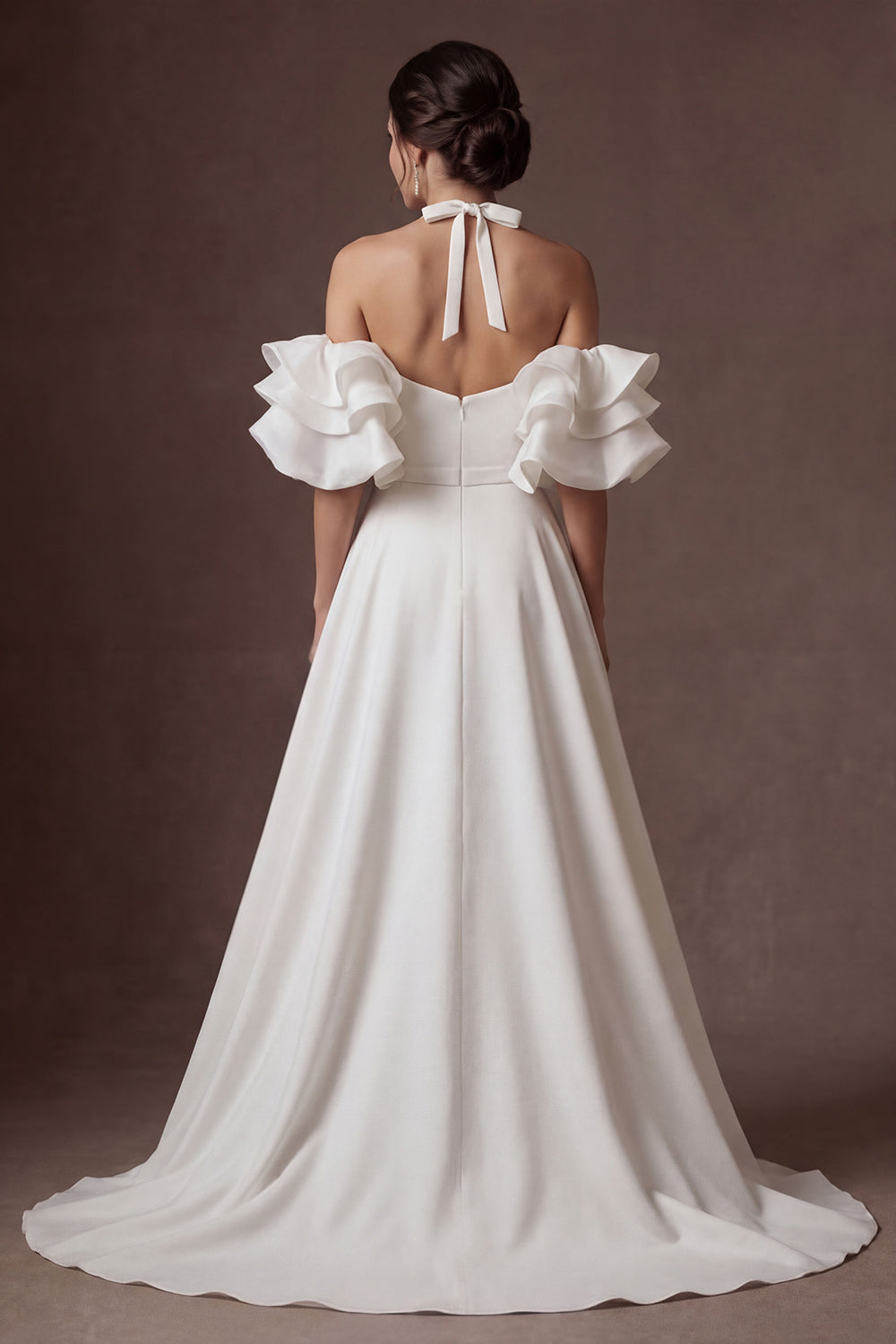 Halter Neck Ruffled A Line White Satin Long Wedding Dress