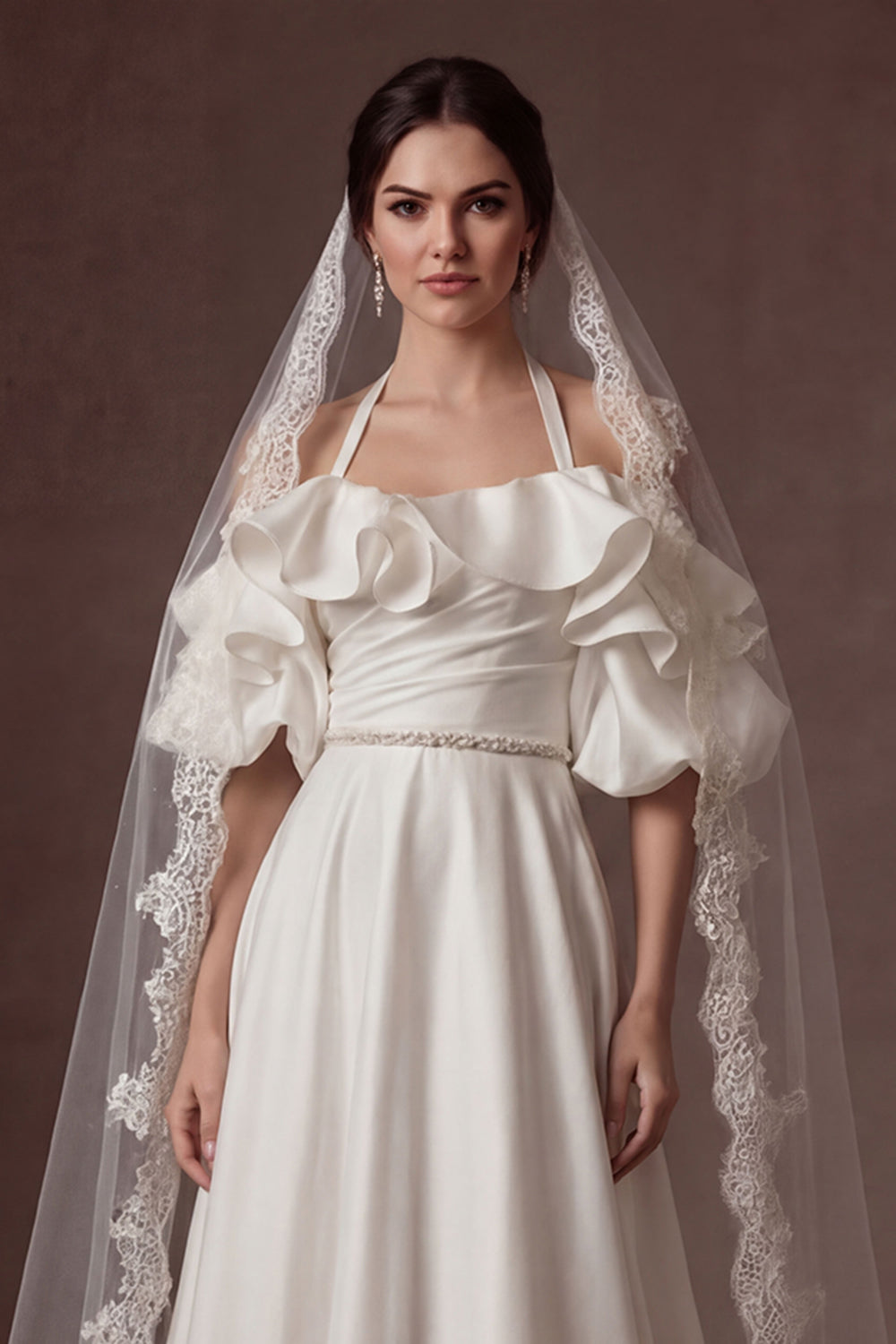 Halter Neck Ruffled A Line White Satin Long Wedding Dress